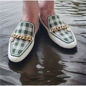 TORY BURCH  Womens White  Green Plaid Loafers 10